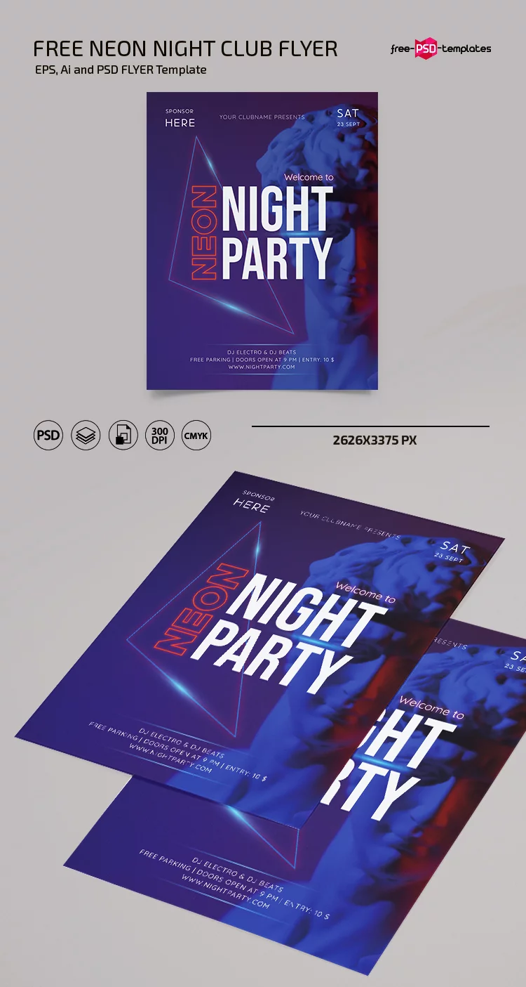 Free Neon Night Club Flyer PSD Template