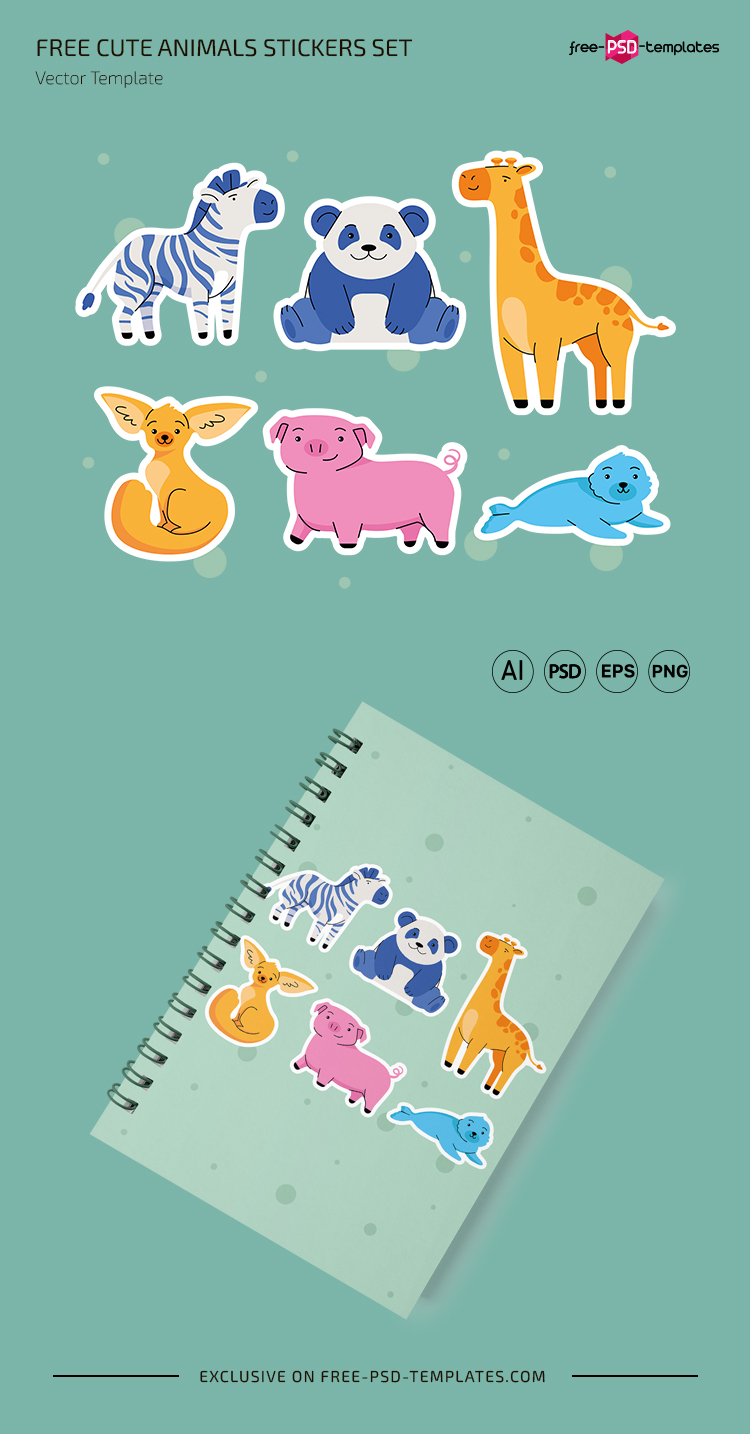 Free Cute Animals Stickers Set (PSD, AI, EPS, PNG) – Free PSD Templates