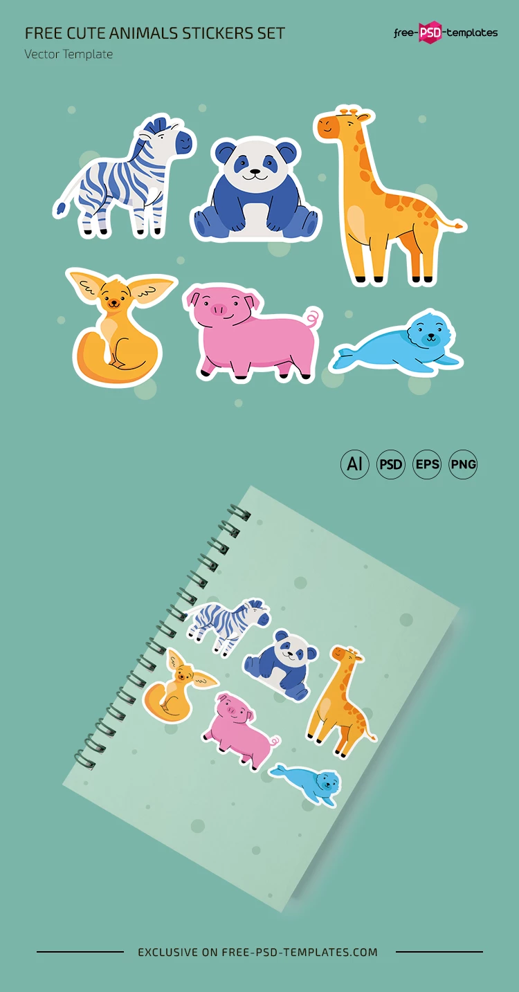 Free Cute Animals Stickers Set (PSD, AI, EPS, PNG)