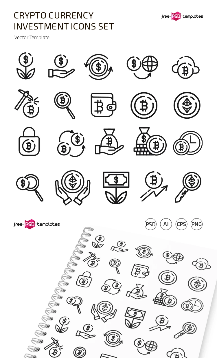 Free Crypto Currency / Investment Icons Set (PSD, AI, EPS, PNG)
