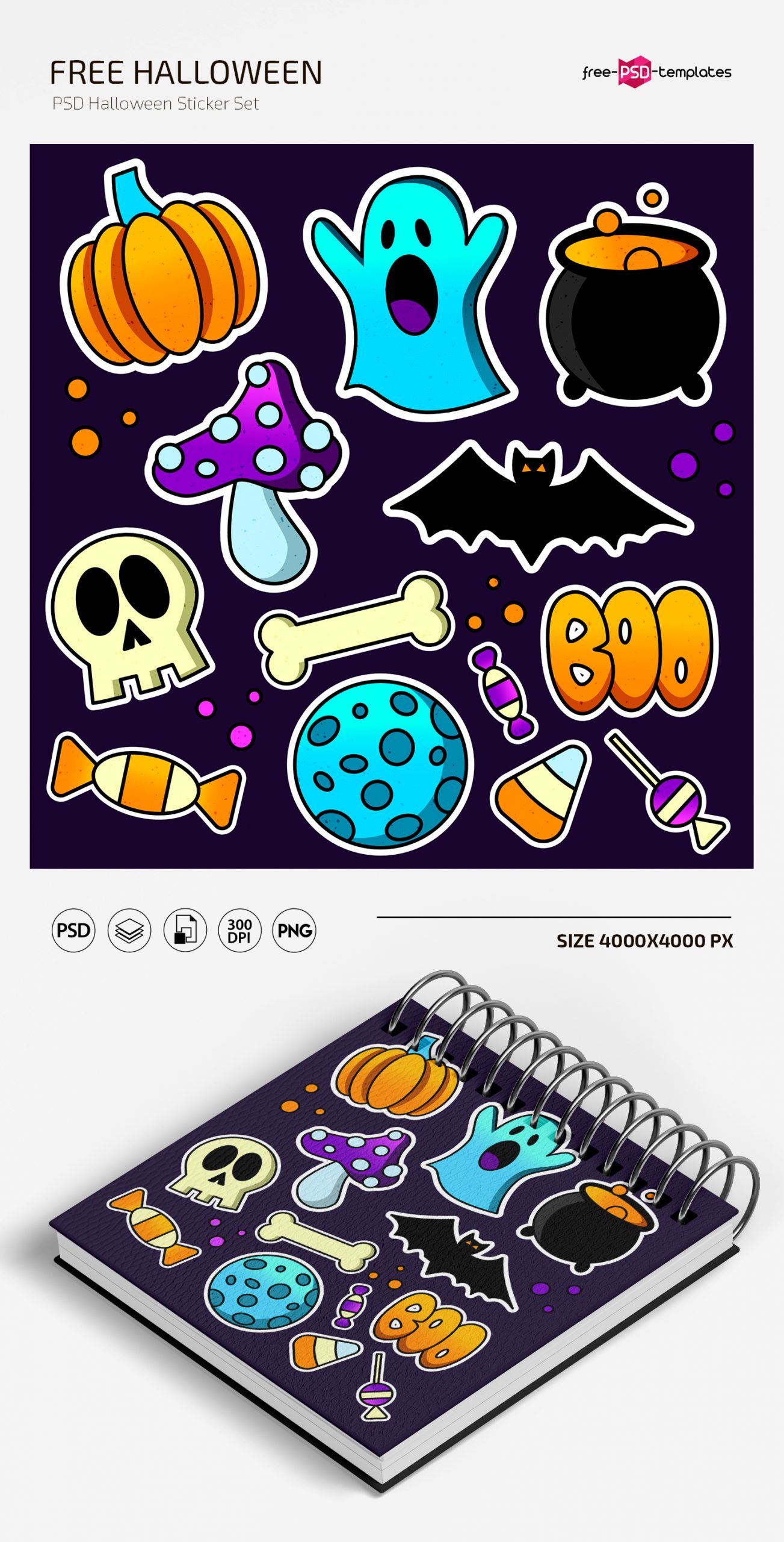Free Halloween Sticker Set (PSD, PNG)