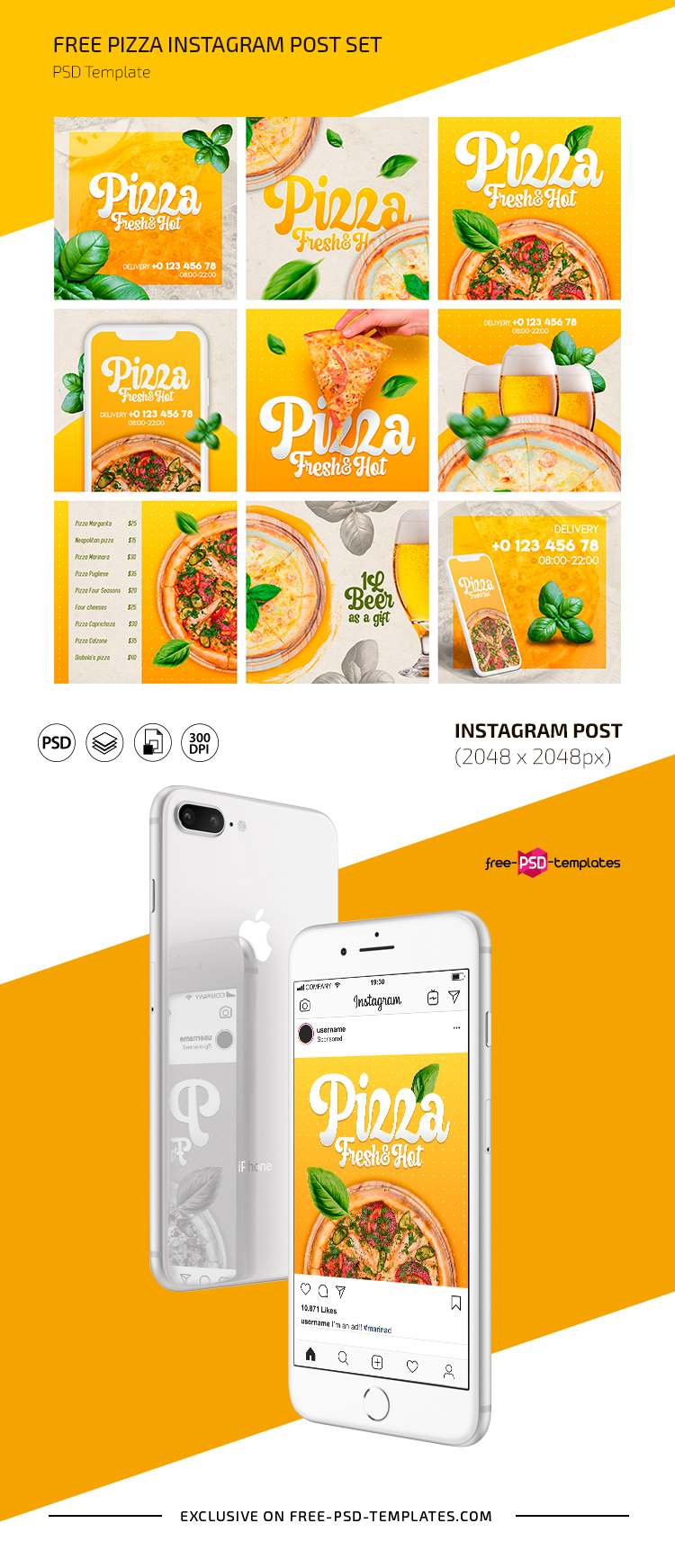 免费披萨Instagram帖子设置在PSD