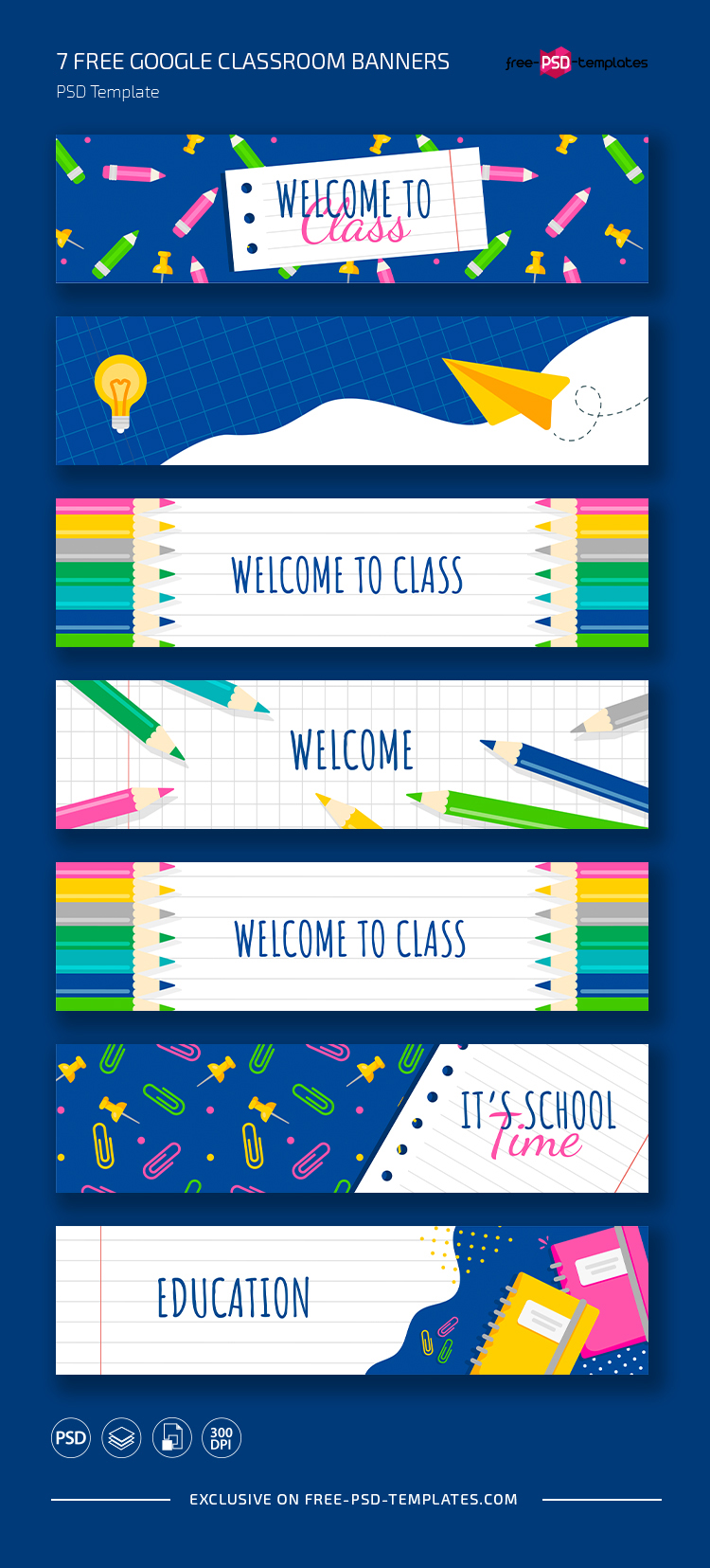 Free Education Google Classroom Banner Set Free PSD Templates