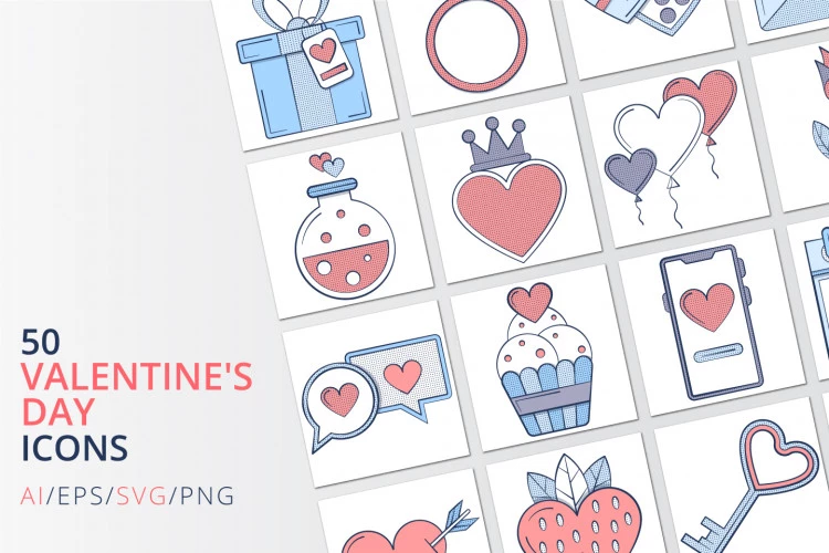 50 Valentine’s Day Icons (AI, EPS, SVG, PNG Files)