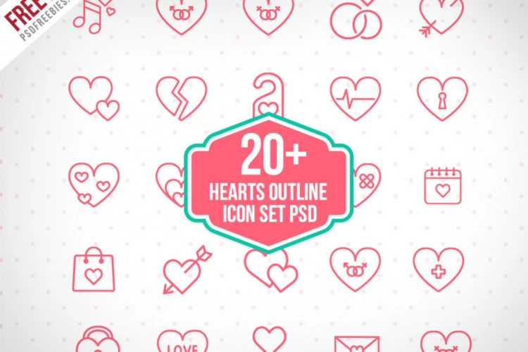 20+ Hearts Outline Icon Set PSD Freebie