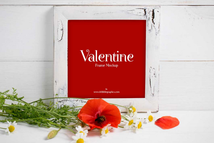 Wooden Square Photo Picture Frame & Valentines Flowers PSD Mockup