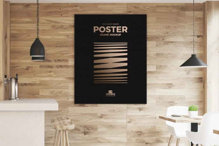 Free Restaurant Indoor Wooden Wall Poster Frame Mockup