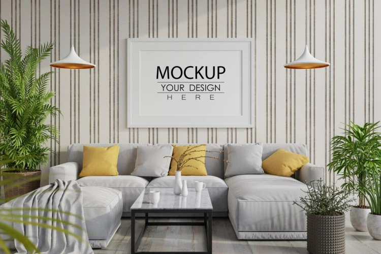 Poster Frame In Living Room PSD Mockup Free