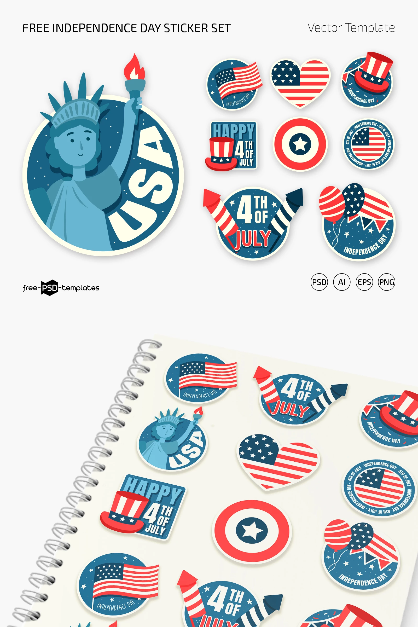 Free Independence Day Sticker Set (PSD, AI, EPS, PNG)