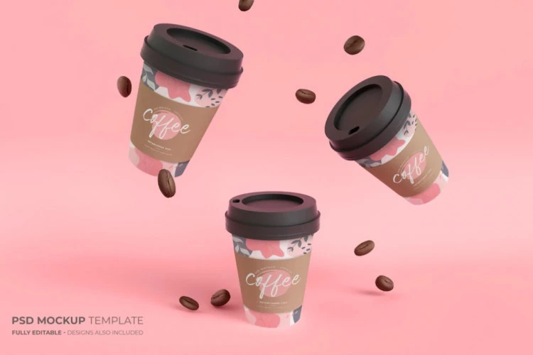 Free Coffee Cups and Beans Mockup