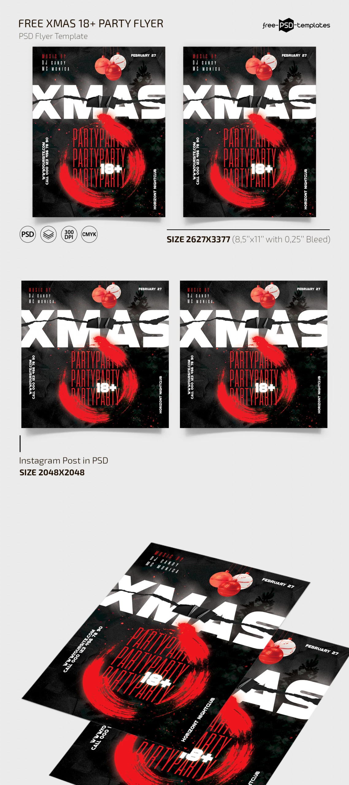 Free Xmas 18+ Party Flyer Template + Instagram Post (PSD)
