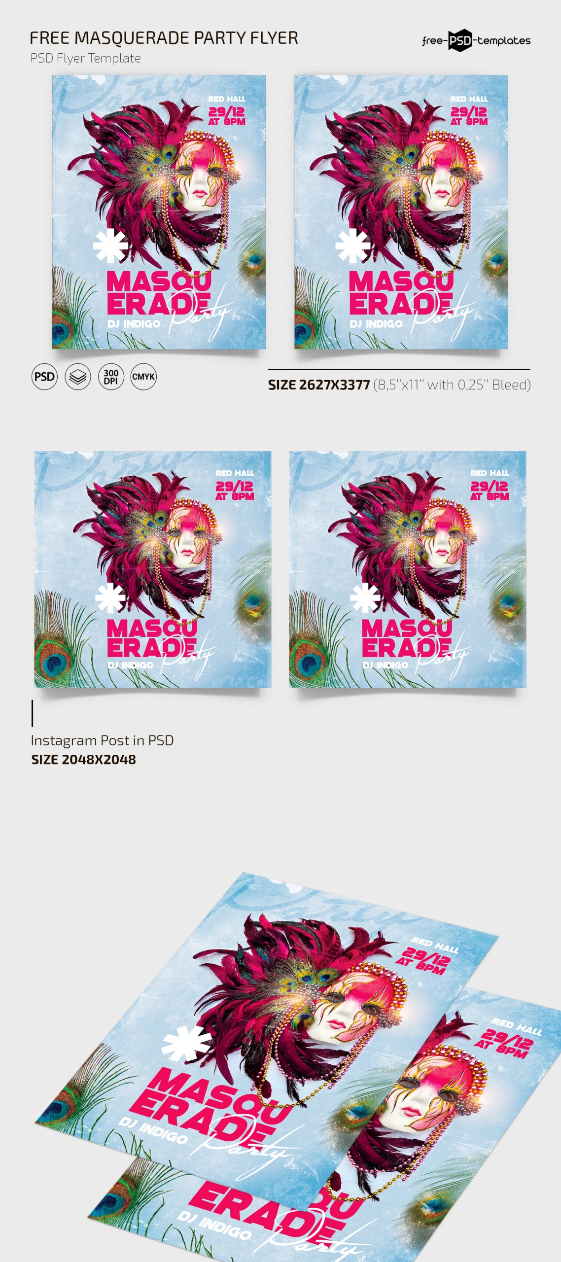 Free Masquerade Party Flyer Template + Instagram Post (PSD)