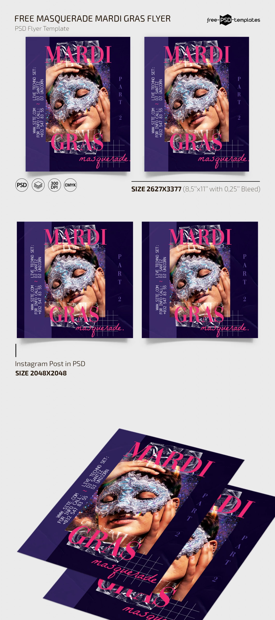 Free Masquerade Mardi Gras Flyer Template + Instagram Post (PSD)