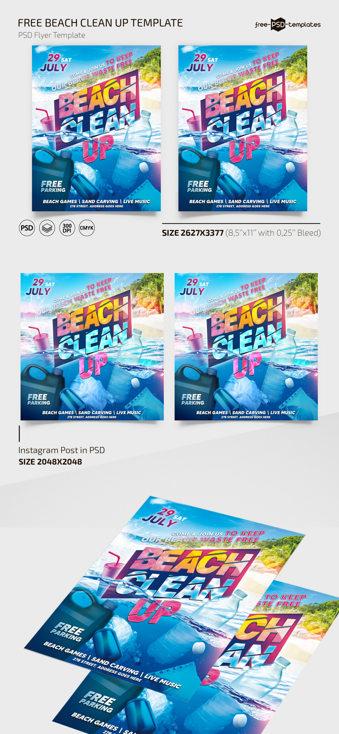 Free Beach Clean Up Flyer Template + Instagram Post (PSD)