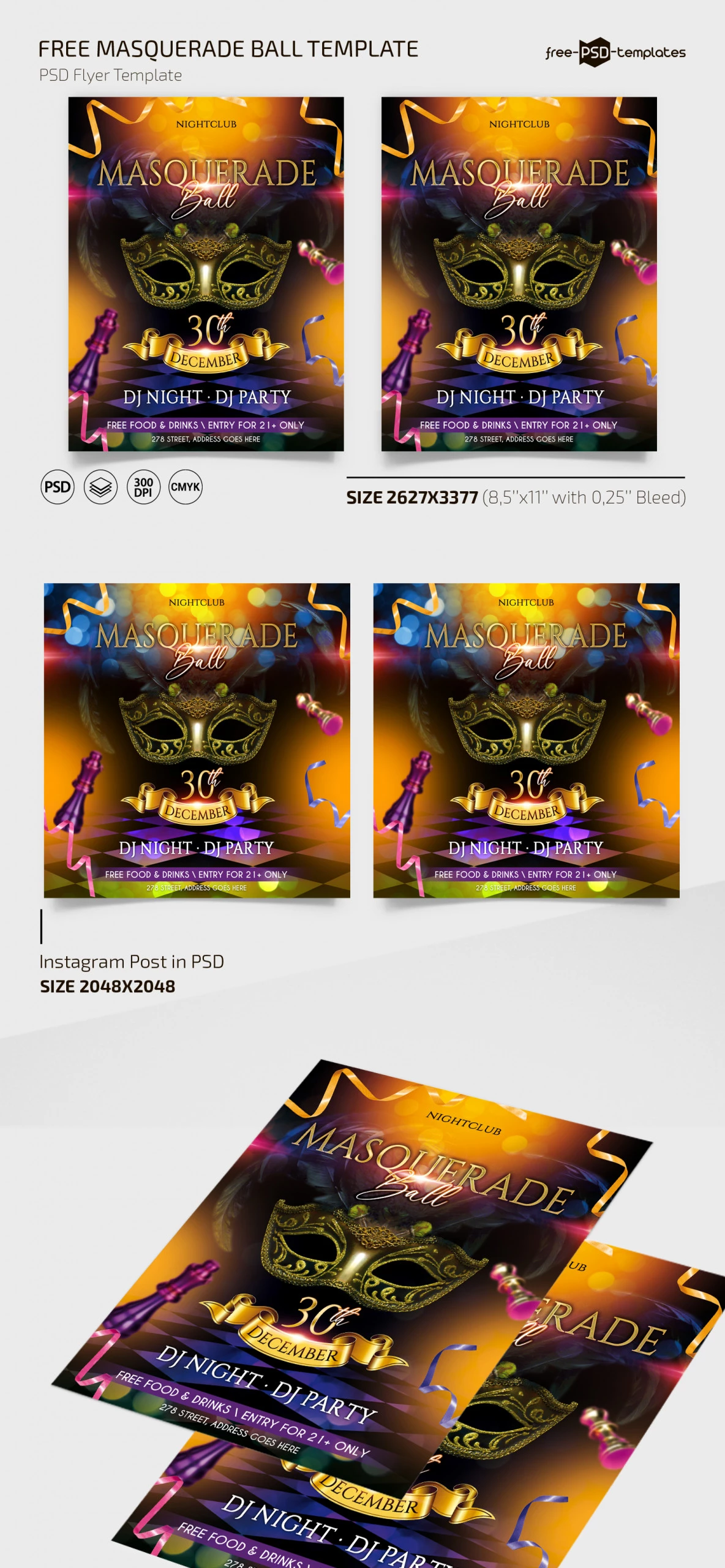 Free Masquerade Ball Flyer Template + Instagram Post (PSD)