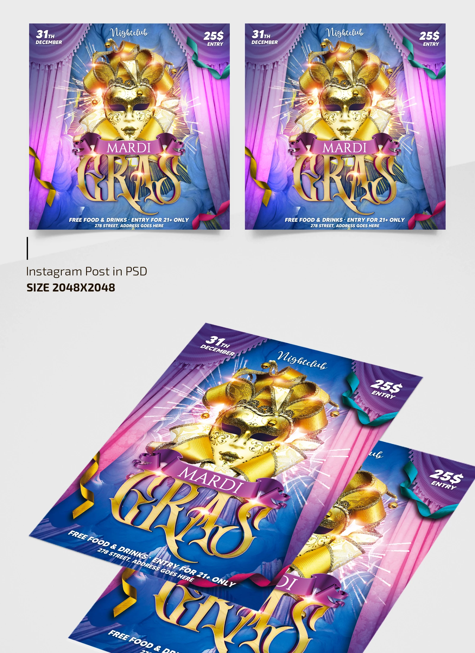 Free Masquerade Party Flyer Template + Instagram Post (PSD)