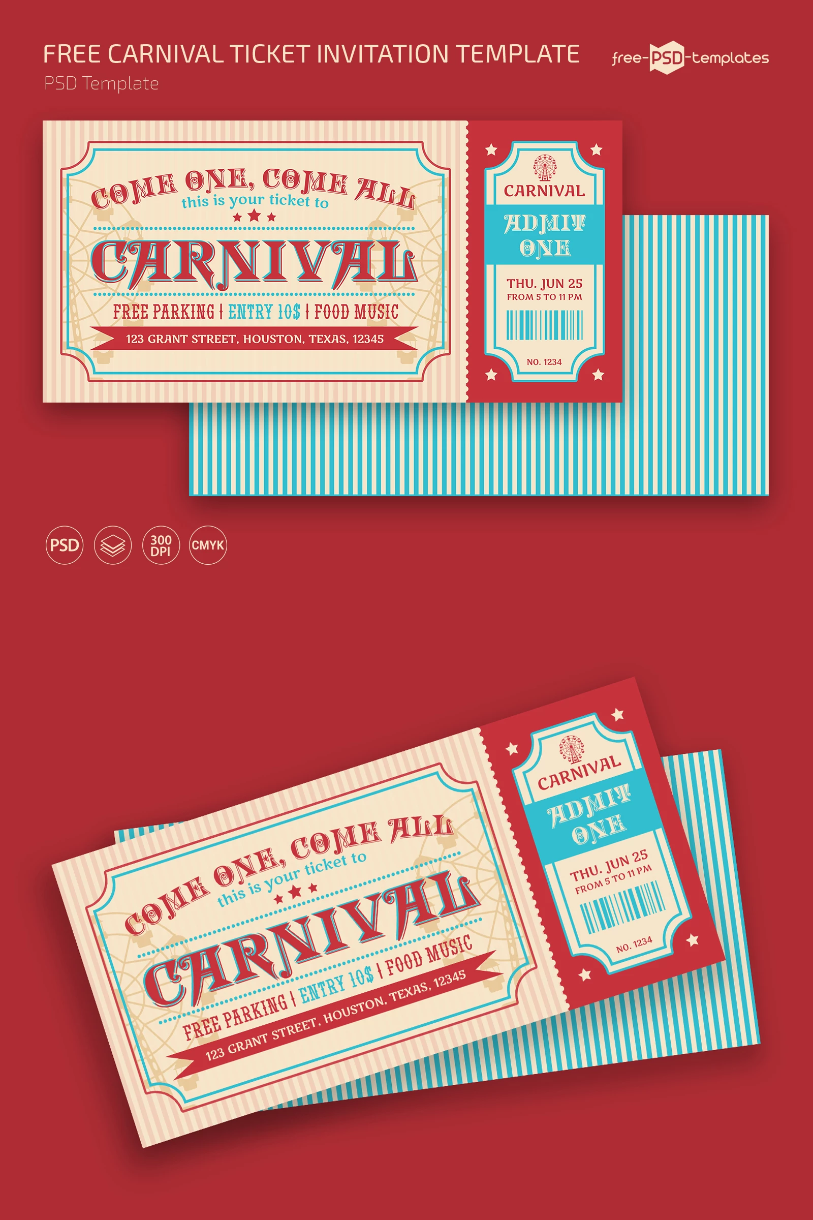 Free Carnival Ticket Invitation Template for Photoshop (PSD)