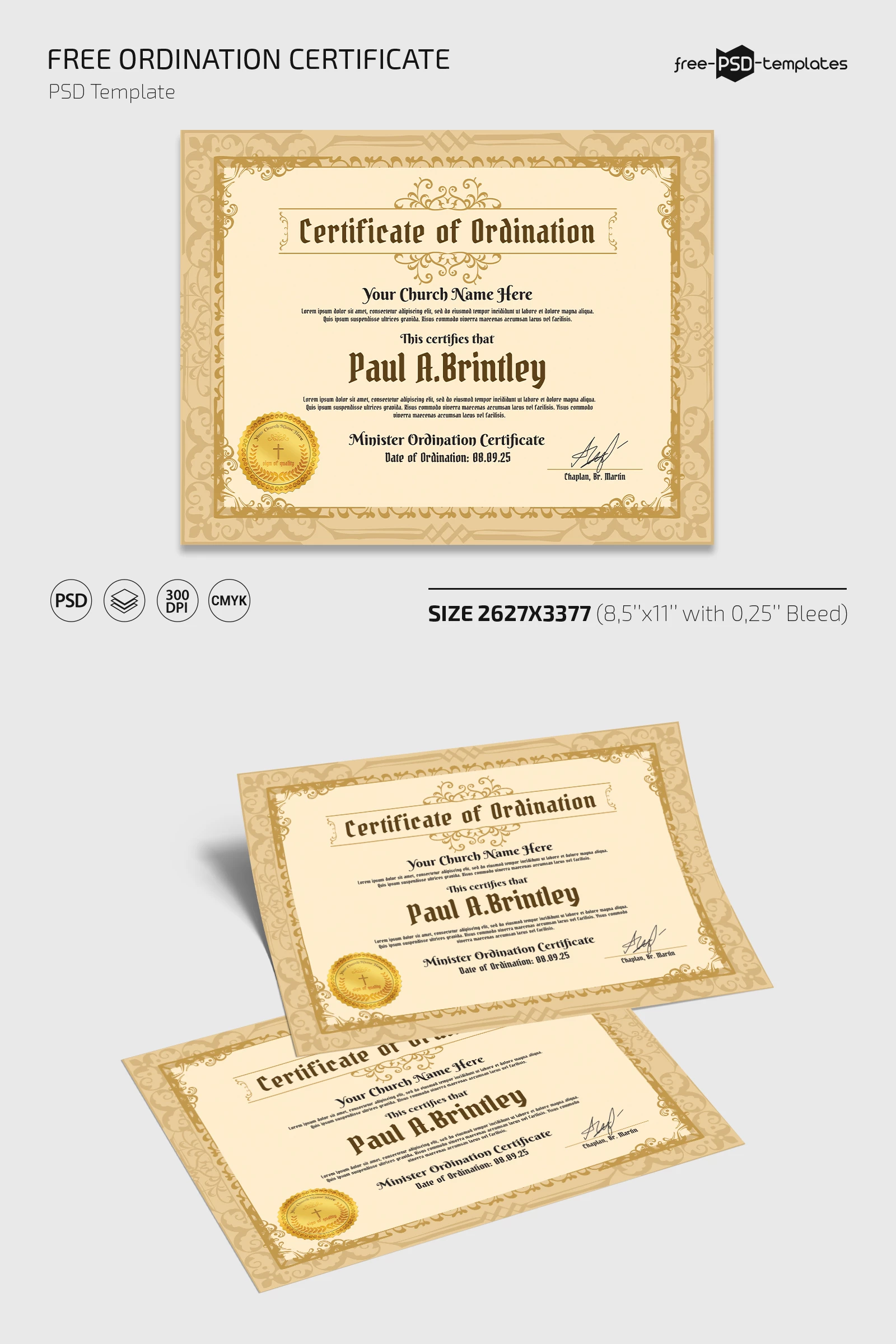 Free Ordination Certificate Template in PSD