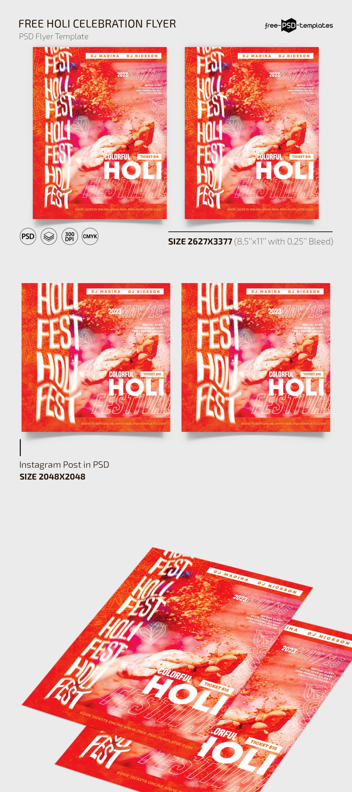 Free Holi Celebration Flyer Template + Instagram Post (PSD)