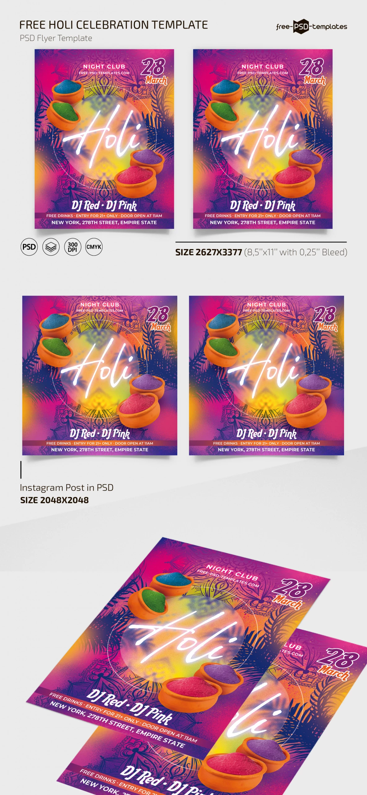 Free Holi Flyer Template + Instagram Post (PSD)