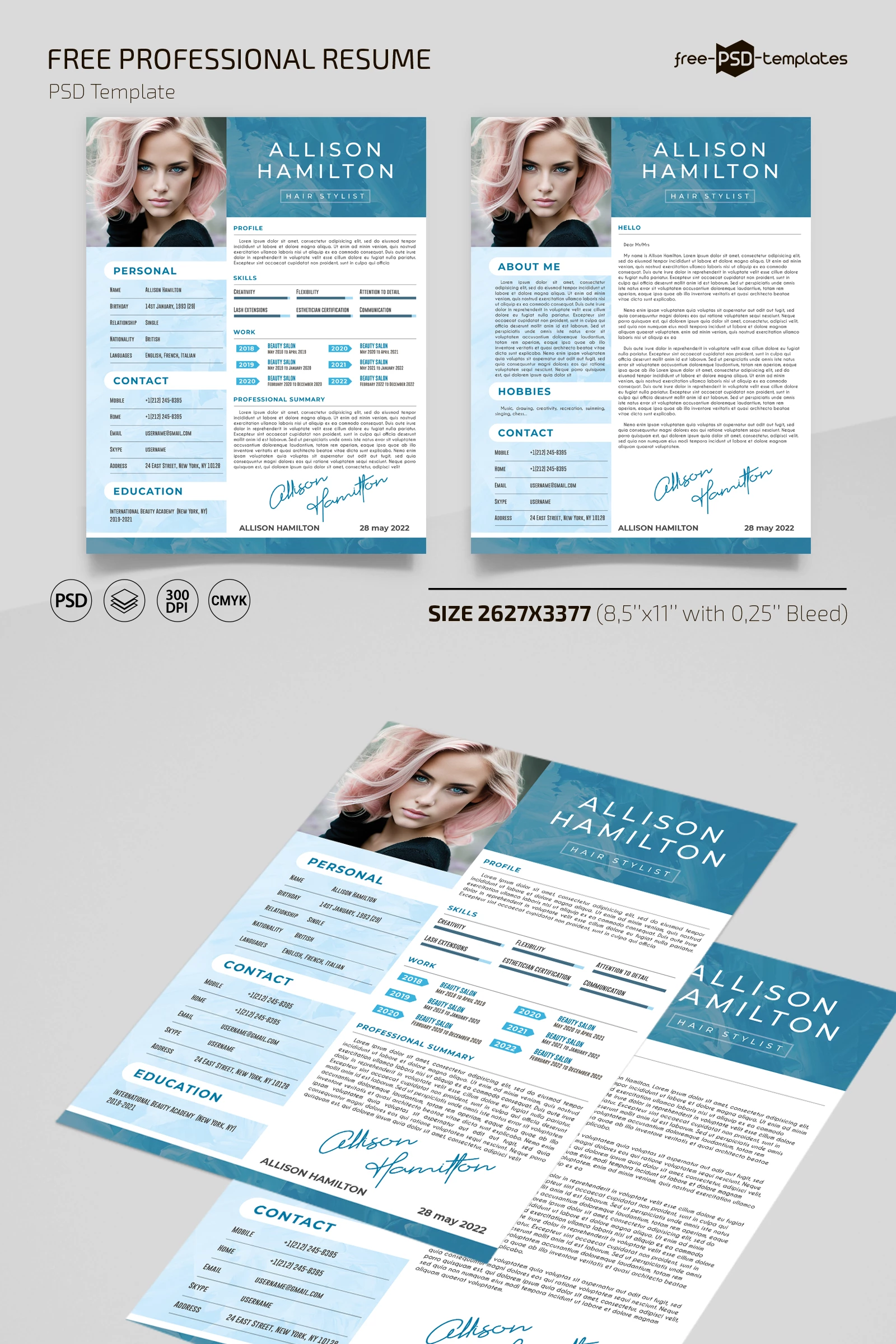 Free Blue Resume Template in PSD