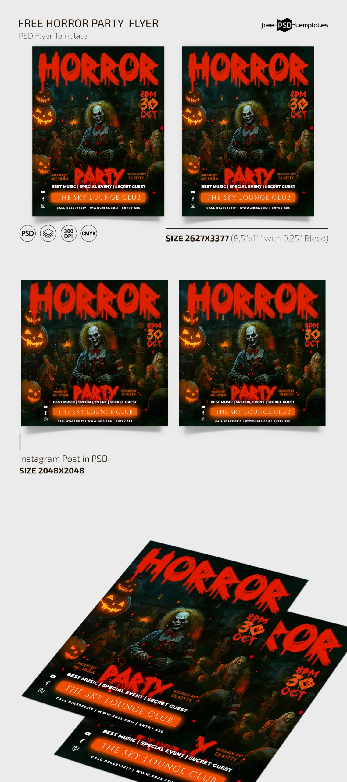 Free Horror Party Flyer Template + Instagram Post (PSD)