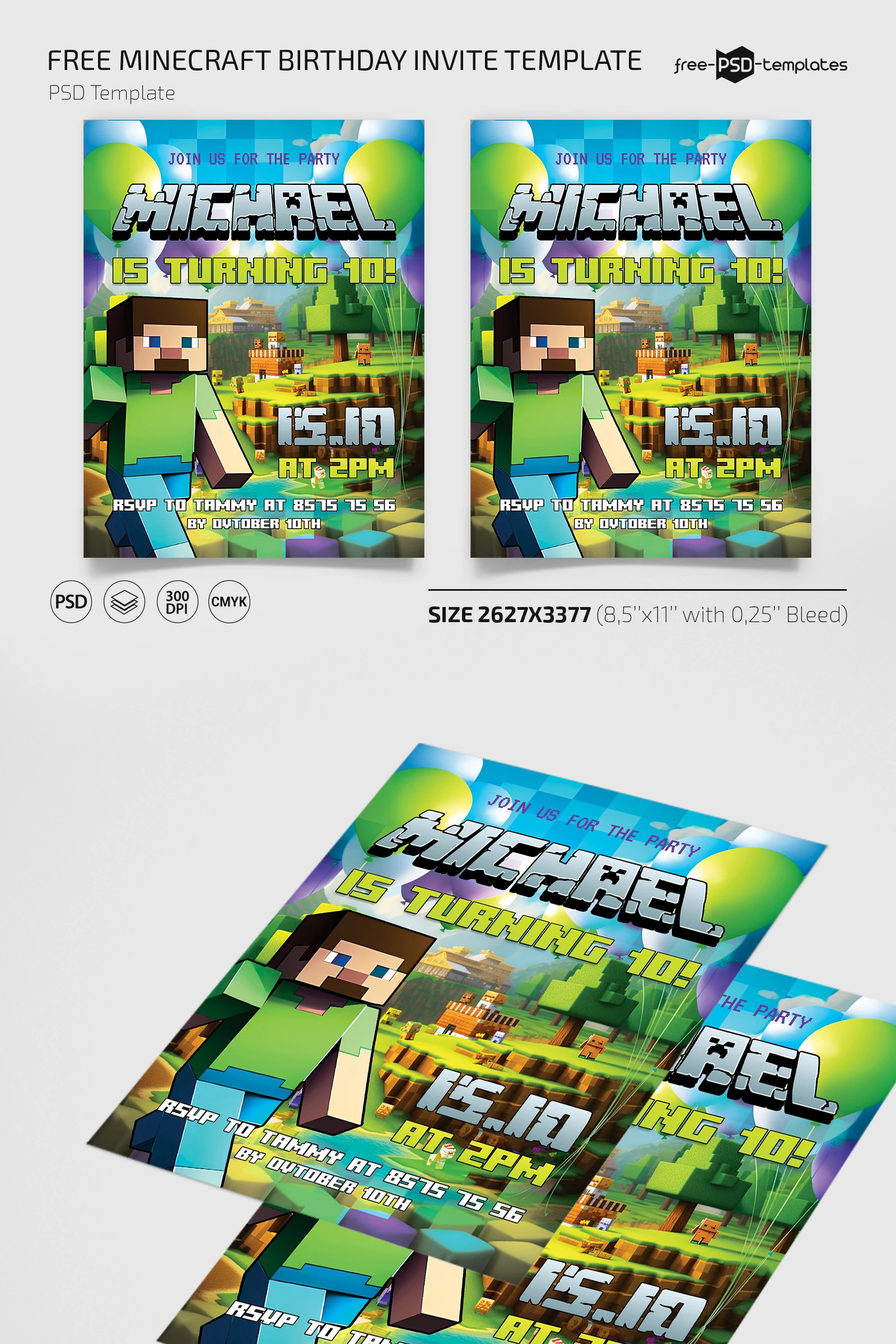 Minecraft Theme Children's Birthday Party Invitations Cards with
