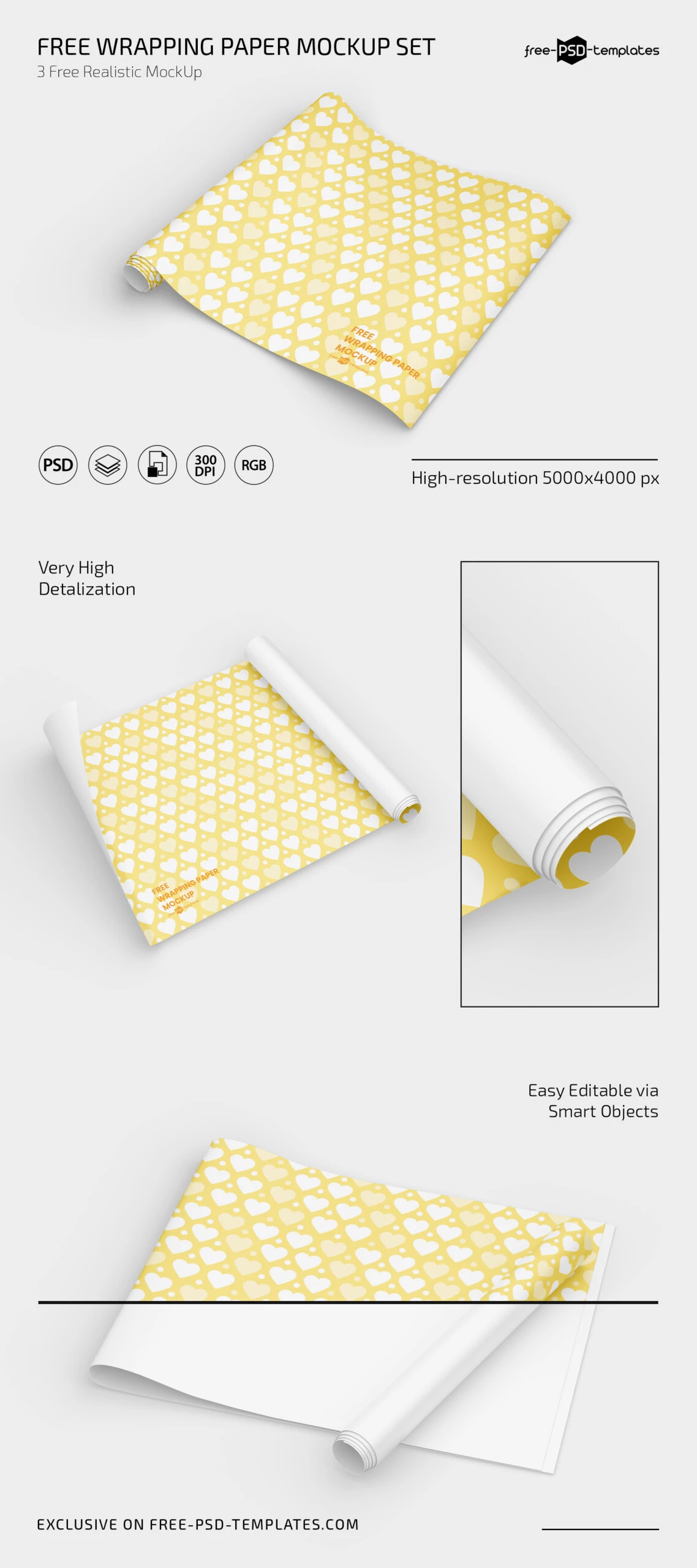 Free Wrapping Paper Mockup PSD Set for Photoshop