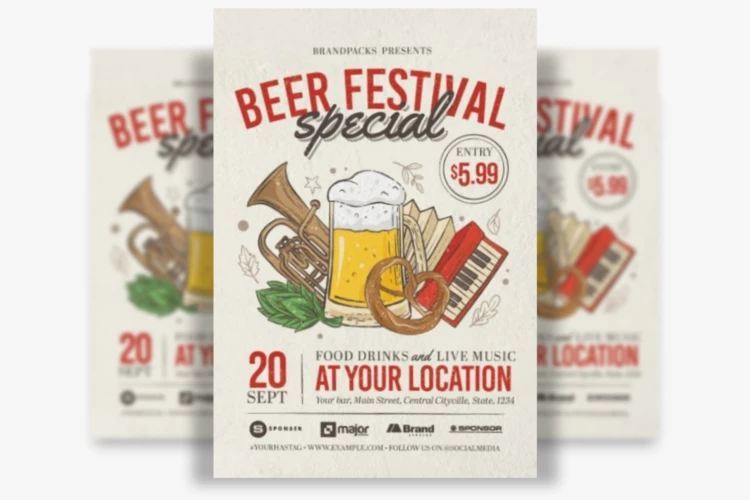 Beer Festival Flyer Layout with Beer and Musical Instrument Illustrations