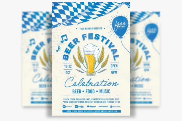 Blue and White Flyer Layout with Beer Illustrations