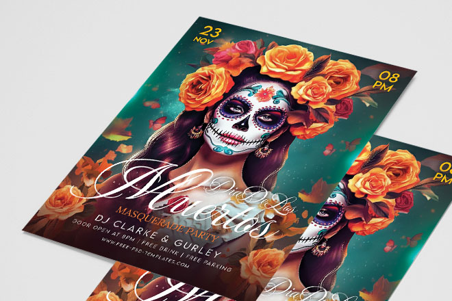 Free Dia De Los Muertos Party Flyer PSD Template Set for Photoshop