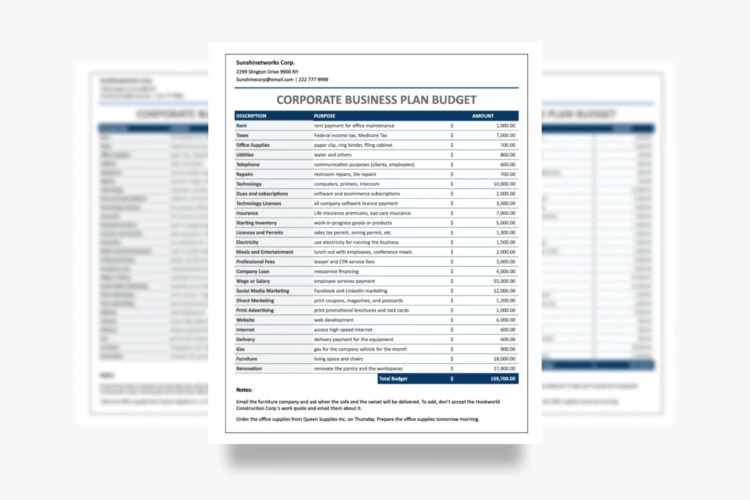 Free Corporate Business Plan Budget Template