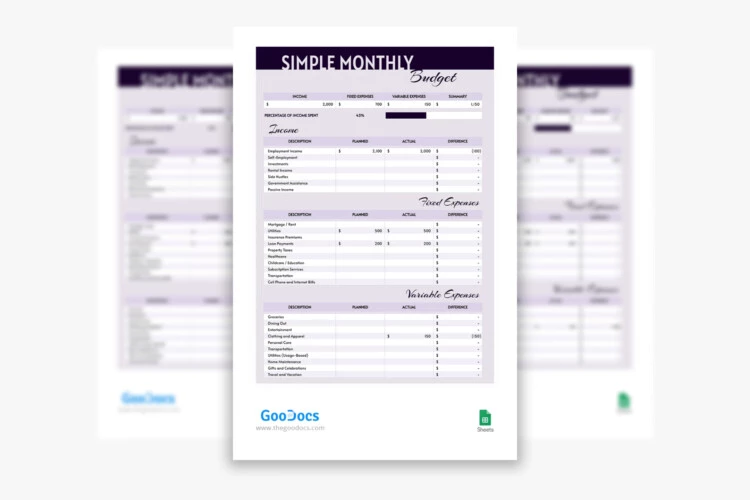 Purple Simple Monthly Budget - free Google Sheet Template
