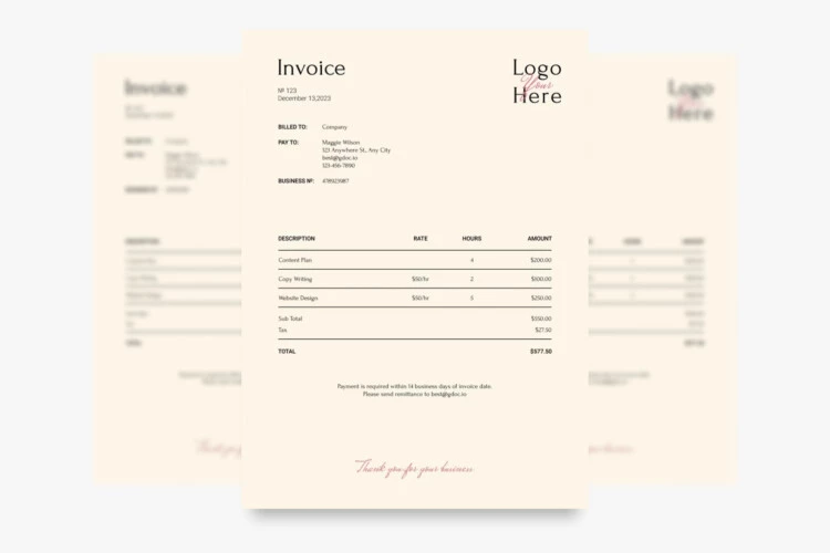 Simple Hourly Invoice with Logo Free Google Docs Template