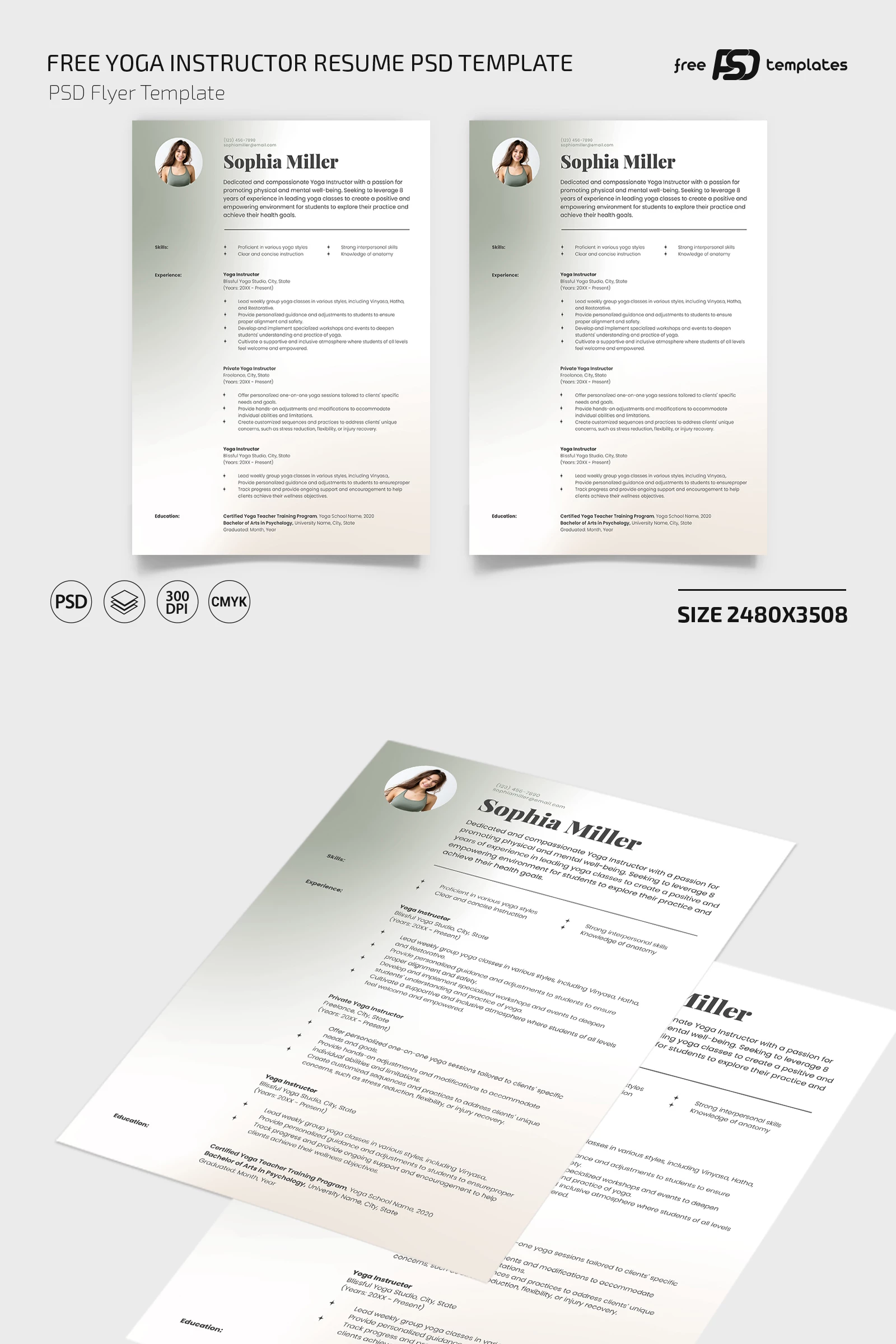 Free Yoga Instructor Resume PSD Template