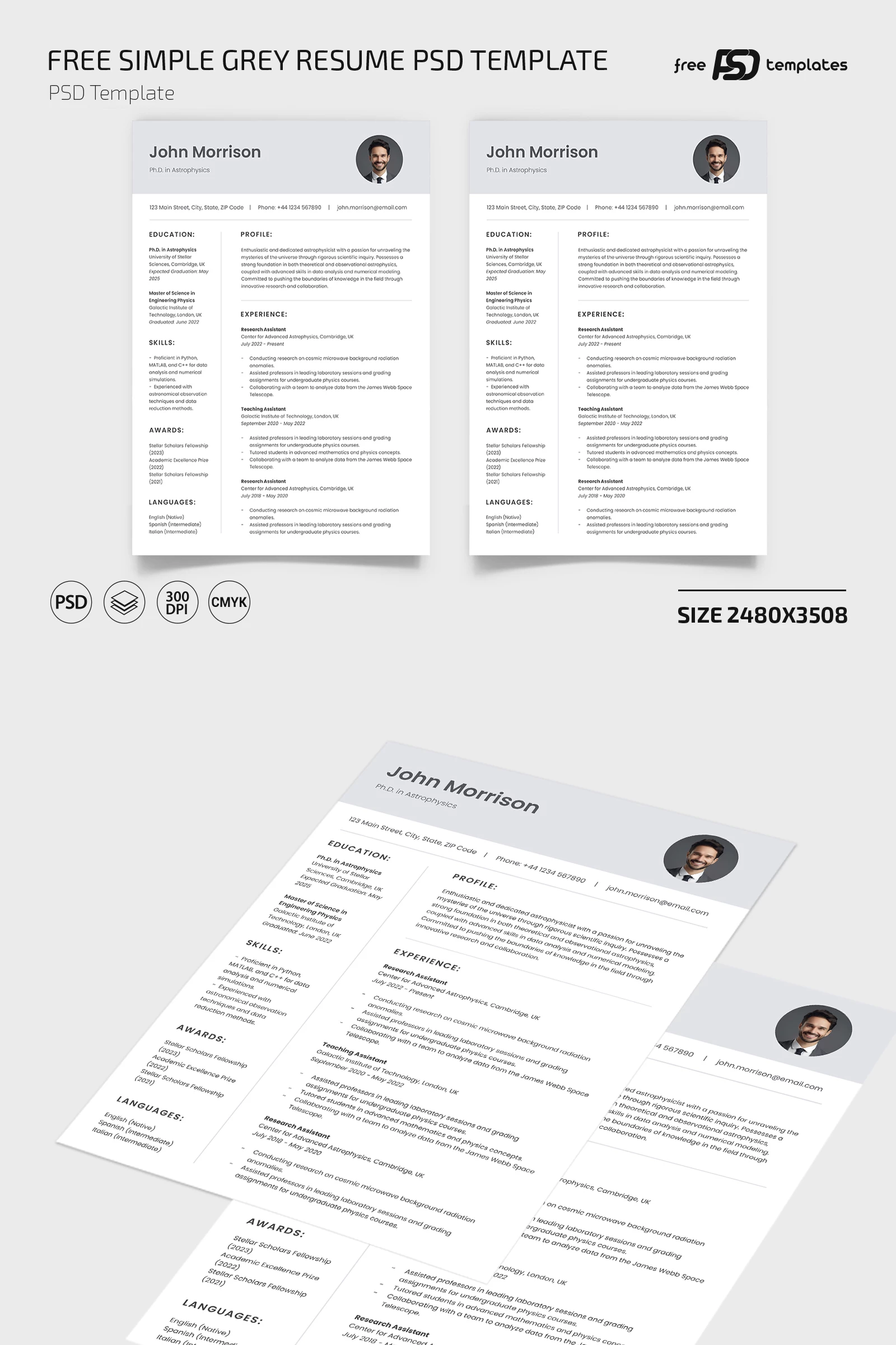 Free Simple Grey Resume PSD Template