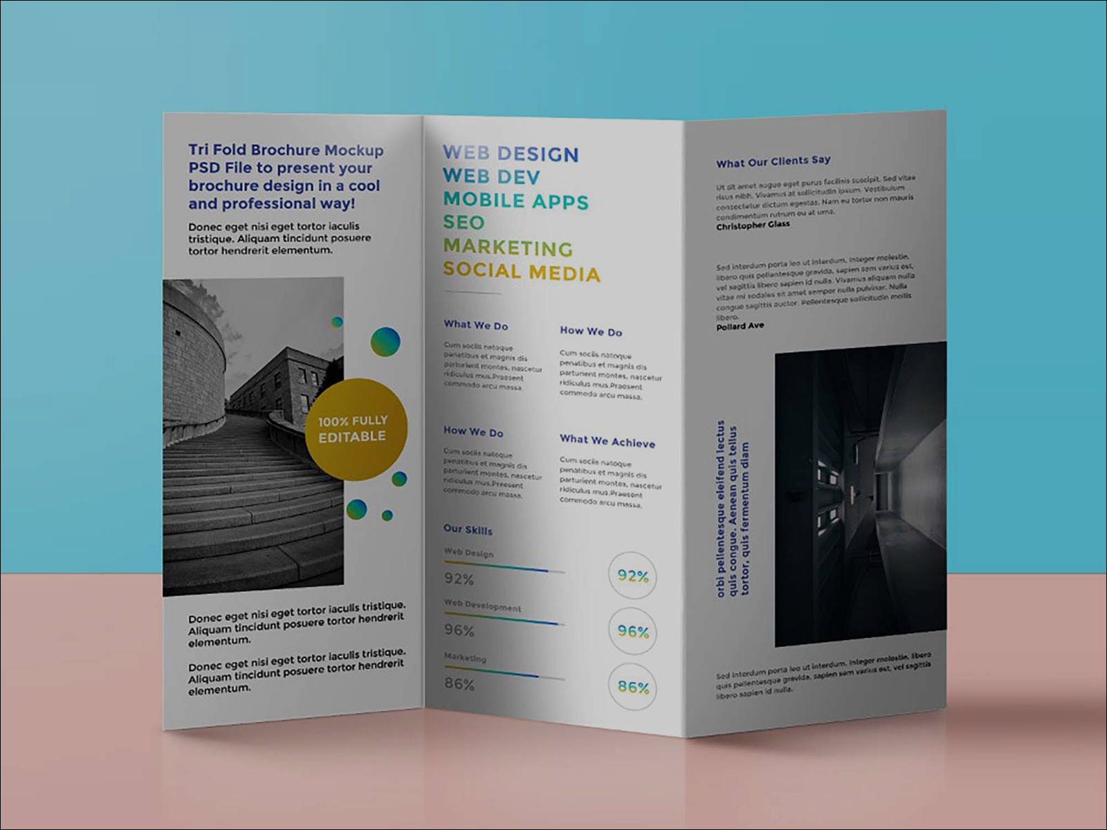 Free Standing Tri Fold Brochure Mockup PSD for Photoshop