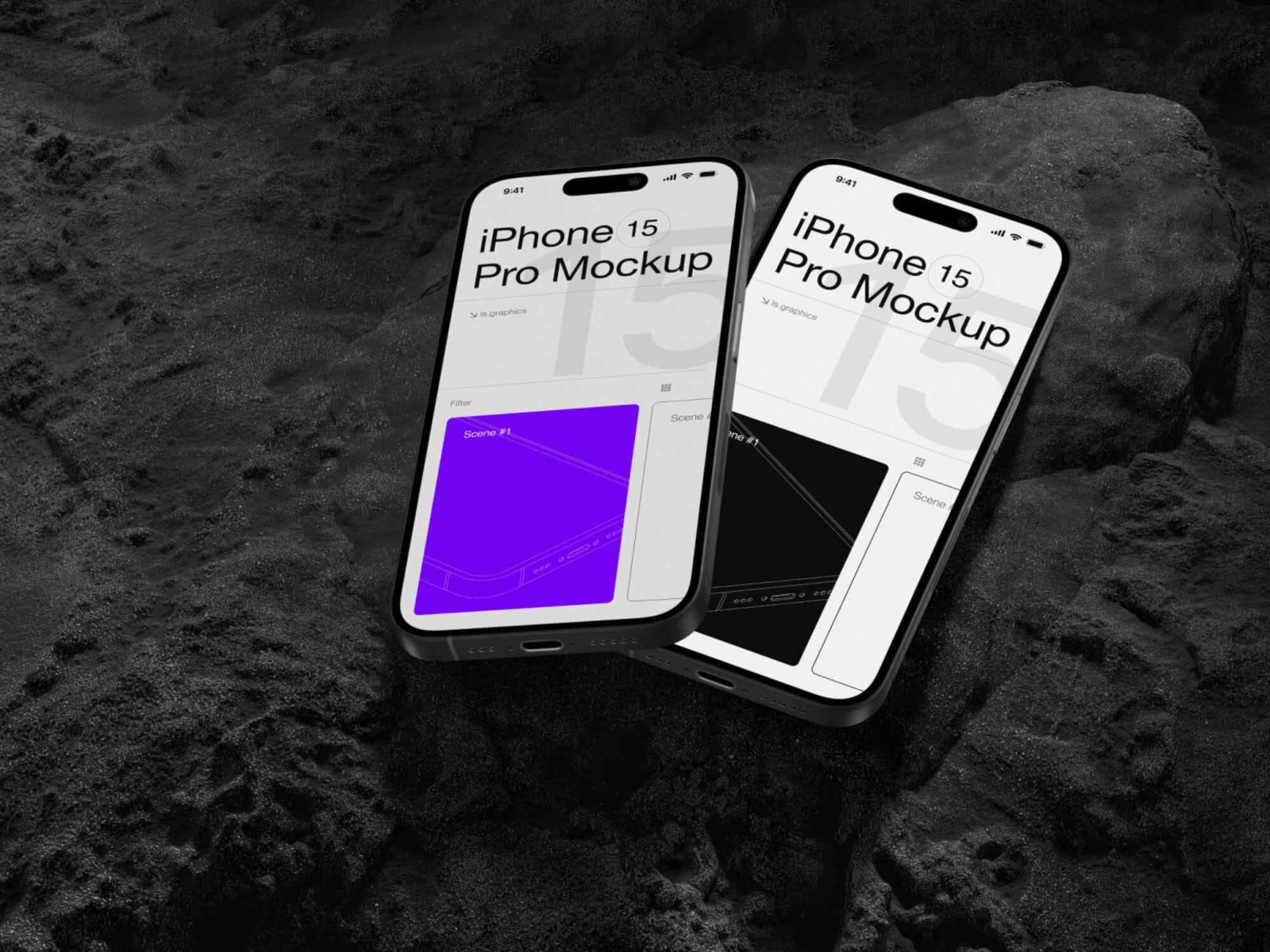 Free Two iPhones 15 Pro On Dark Stone PSD Mockup
